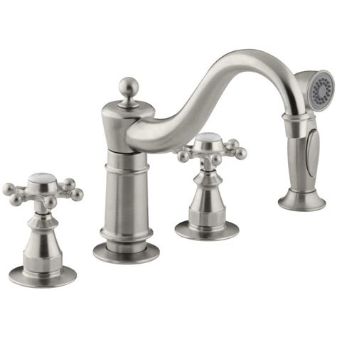 Kohler Antique Vibrant Brushed Nickel 2 Handle Deck Mount Low Arc Bar And Prep Faucet At