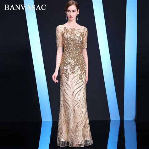 Banvasac Elegant O Neck Lace Illusion Short Sleeve Long Evening Dresses