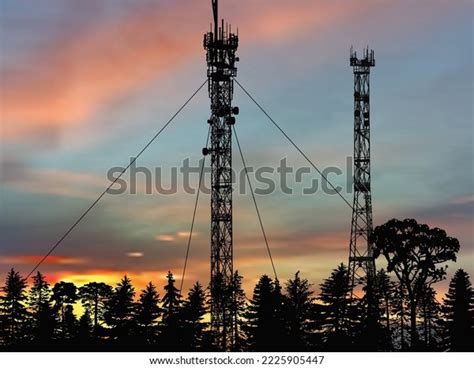 Illustration Antenna Tower Silhouettes Forest Sunset Stock Vector