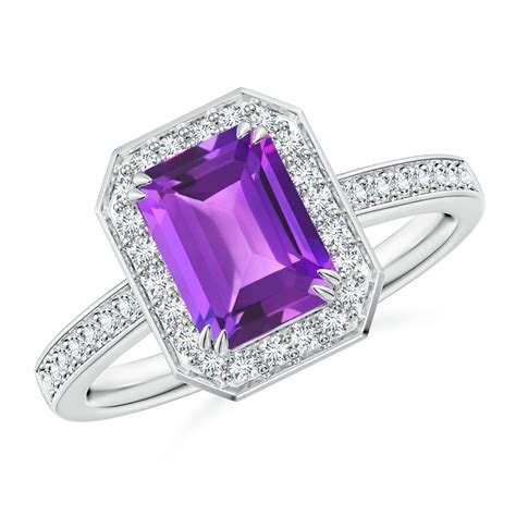 Emerald-Cut Amethyst Engagement Ring with Diamond Halo | Angara