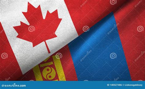 Canada And Mongolia Two Flags Textile Cloth Fabric Texture Stock