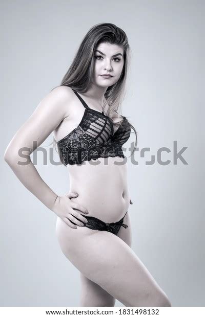 Plus Size Glamour Model Black Lingerie Stock Photo