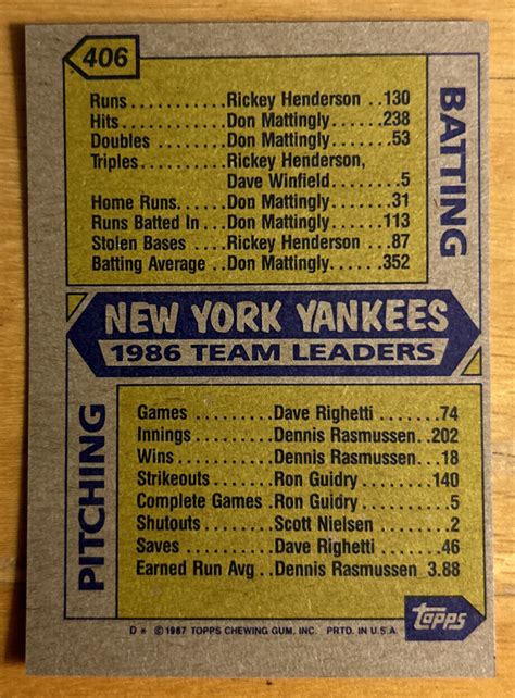 1987 Topps Yankees Leaders Rickey Henderson Don Mattingly 406 NM O