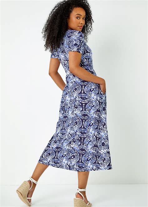 Roman Blue Petite Aztec Print Midi Stretch Dress Matalan