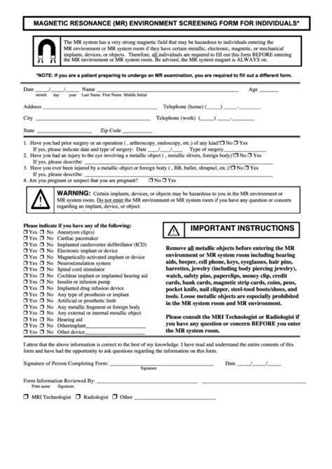 Magnetic Resonance Mr Environment Screening Form For Individuals Printable Pdf Download