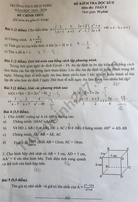 Đề thi kì 2 môn Toán lớp 8 năm 2020 THCS Dịch Vọng