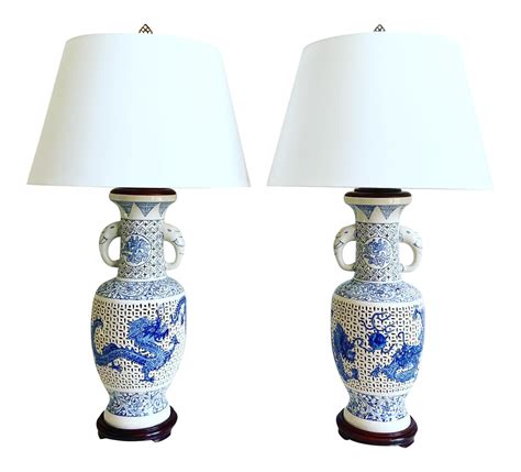 Oversize Blue And White Porcelain Dragon Lamps And Shades A Pair White