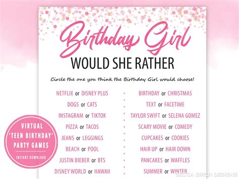 Teen Birthday Would She Rather Game Virtual Birthday Party Sweet 16