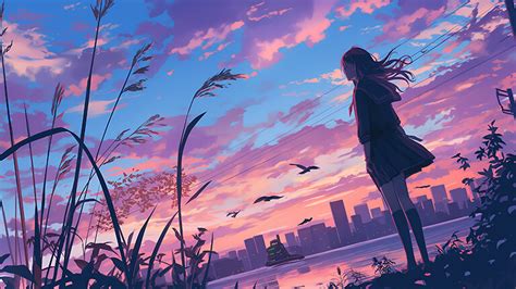 Pink Sunset And Anime Girl Desktop Wallpaper Anime Wallpaper 4k