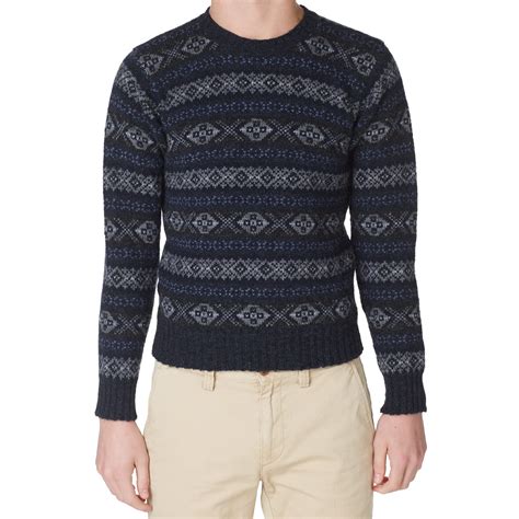 Jamieson S Of Shetland Jacquard Fair Isle Crew Knit Midnight END