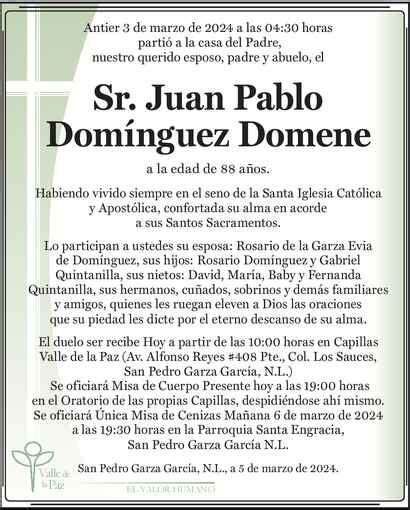 Sr Juan Pablo Domínguez Domene Obituario Esquela