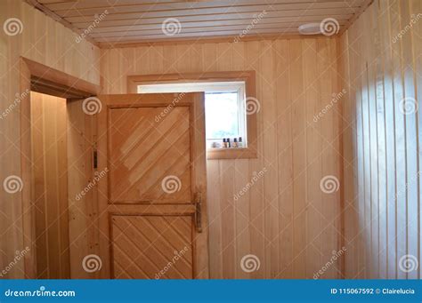 Interior Of A Small House Finnish Wooden Sauna Steam Room Stock Photo