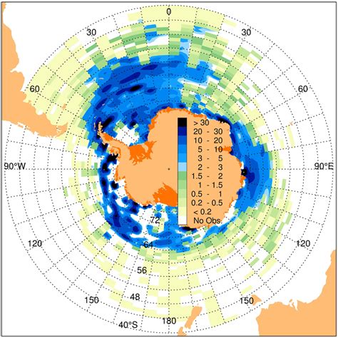 Concentration Of Icebergs Within Each 1° × 5° Box In The Oceans Around