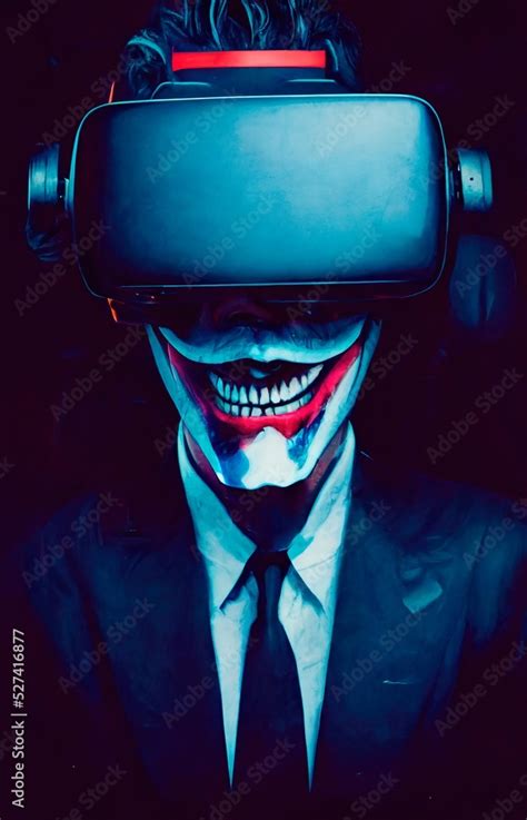 Portrait of a man with a creepy smile wearing virtual goggles. A creepy ...