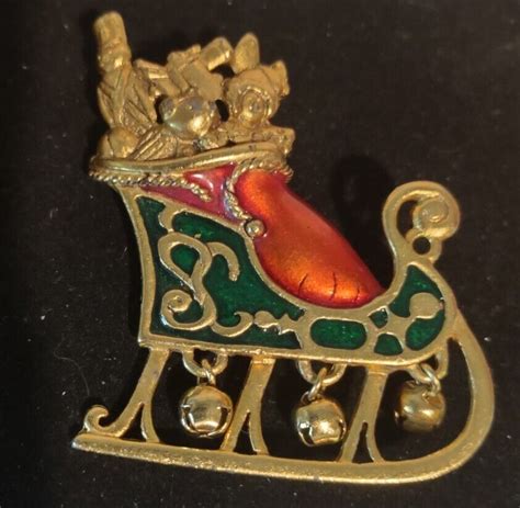 Danecraft Signed Christmas Santa Sleigh Enamel Brooch Gem