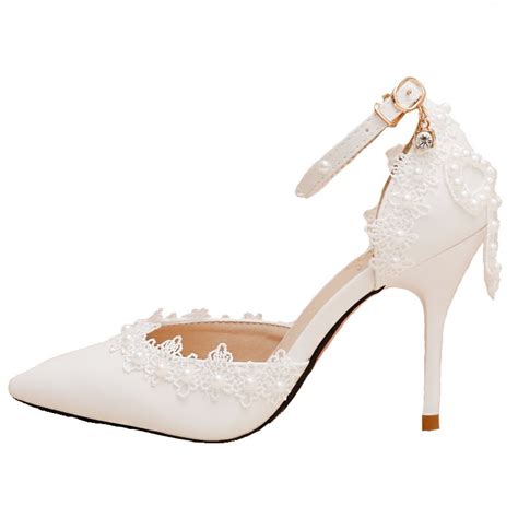 Elegant Ivory Wedding Shoes Pearl Ankle Strap Lace Flower Cm