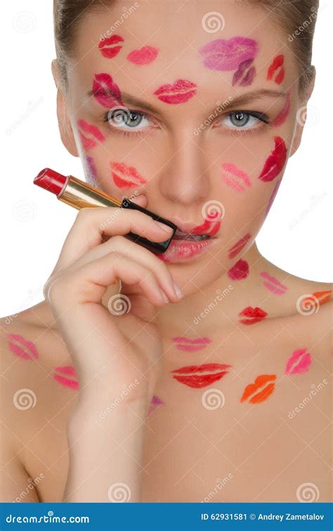 Woman With Kisses On Face In Lipstick And Lips Stock Image Image Of