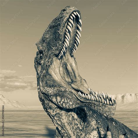 Giganotosaurus Is With The Jaws Wide Open On Sunset Desert Stock Illustration Adobe Stock