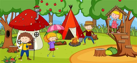 Scene with many kids doodle cartoon character in nature park 3112514 Vector Art at Vecteezy