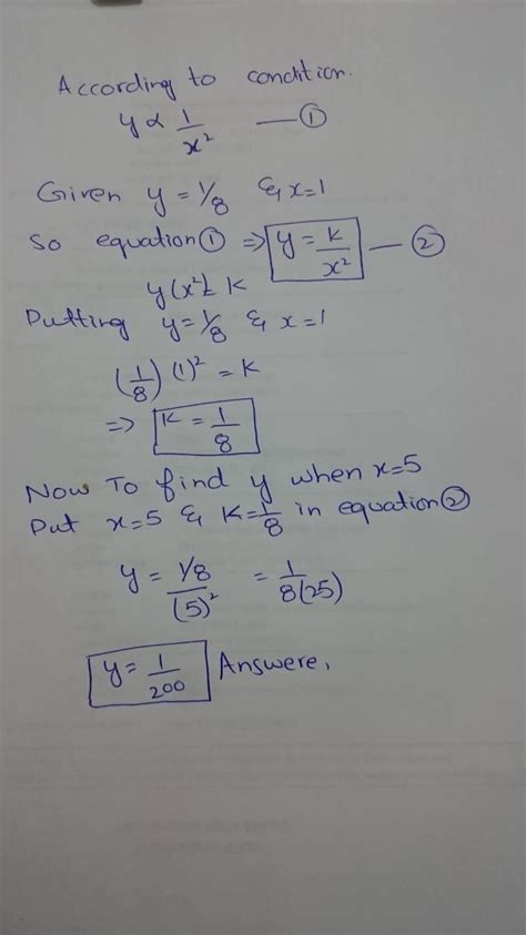 If Y Varies Inversely As The Square Of X And Y 1 8 When X 1 Find Y