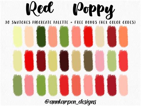 Red Poppy Procreate Palette Hex Handpicked Colors Instant Etsy