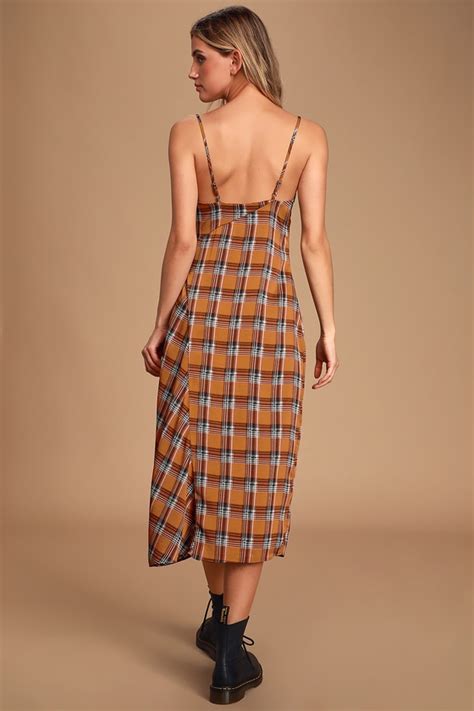 Chic Brown Plaid Dress Midi Slip Dress Plaid Satin Dress Lulus