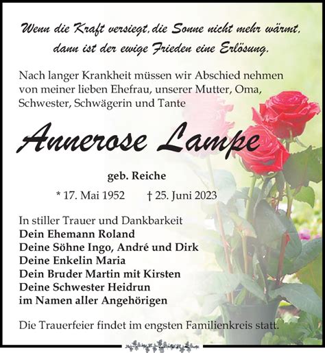 Traueranzeigen Von Annerose Lampe Trauer Anzeigen De