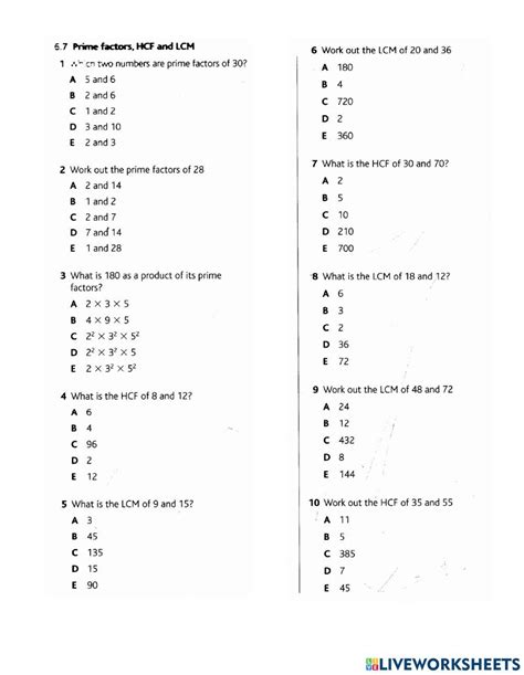 Prime Factors Hcf Lcm Online Exercise For Live Worksheets