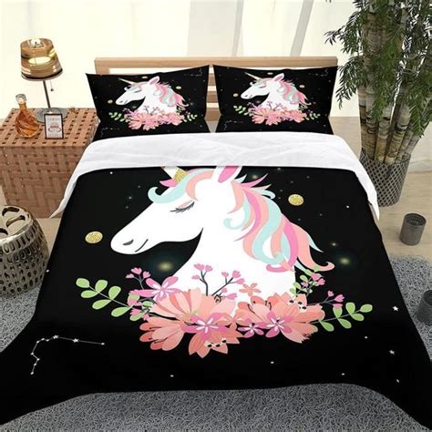 Housse Couette Imprimée 3D Licorne Parure De Lit en Coton avec Taie d