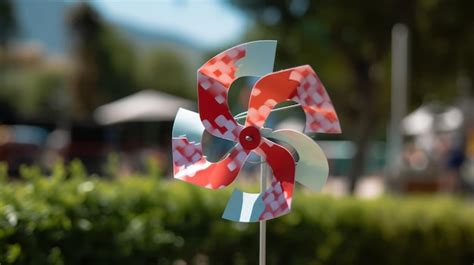 Un molino de viento rojo y blanco con un patrón a cuadros rojo y blanco