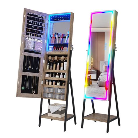 HNEBC RGB LED Mirror Jewelry Cabinet Standing Jewelry Armoire Organizer