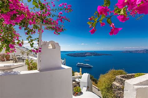 Sea, flowers, island, Santorini, Greece, liner, terrace, Oia, The ...