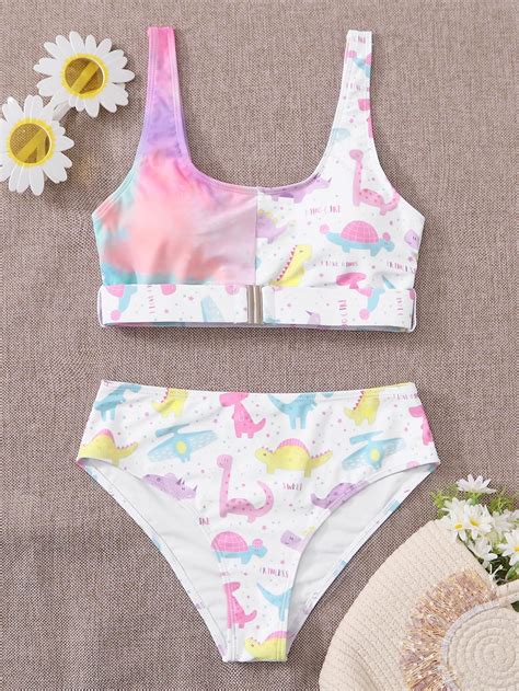 Cartoon Dinosaur Belted Bikini Swimsuit Bikinis Bikini Swimsuits