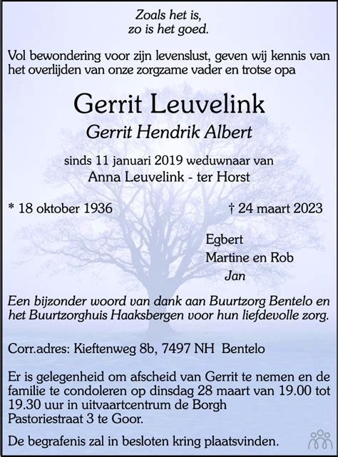 Gerrit Gerrit Hendrik Albert Leuvelink Overlijdensbericht