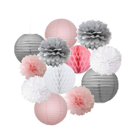 12 Tlg Set Papier Lampion Pompon S Party Deko