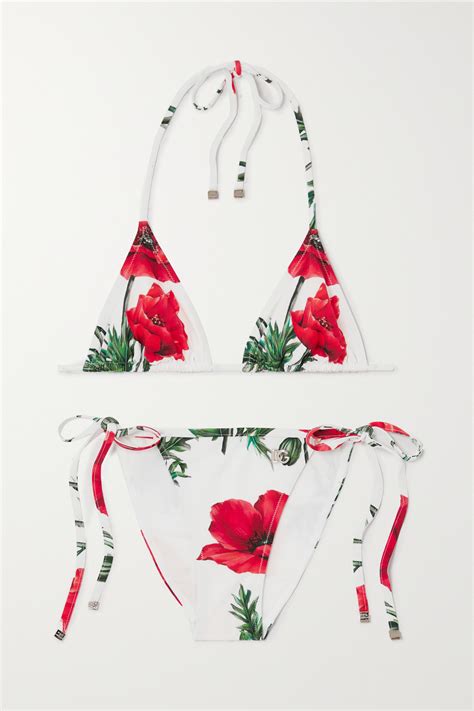 Dolce And Gabbana Floral Print Triangle Halterneck Bikini In Red Modesens