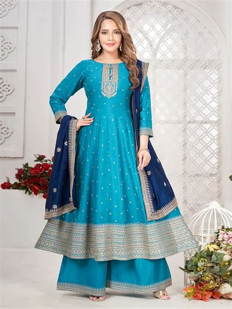 firozi blue silk anarkali style palazzo suit