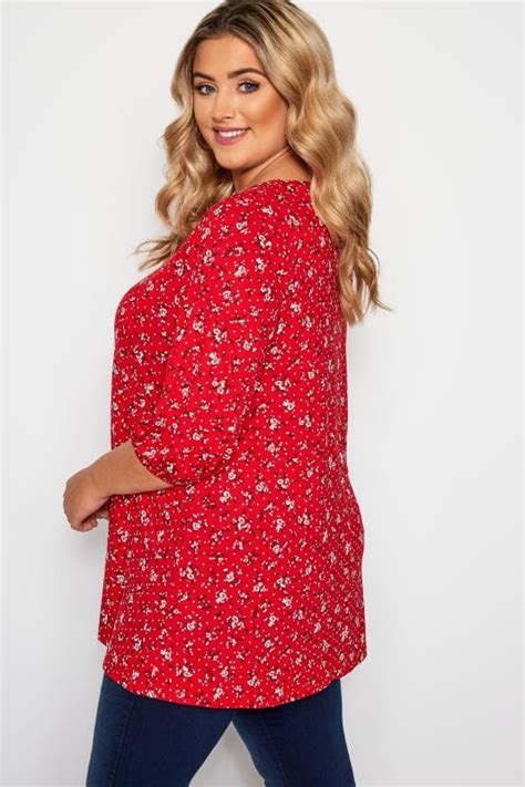 Red Ditsy Floral Print Square Neck Top Yours Clothing