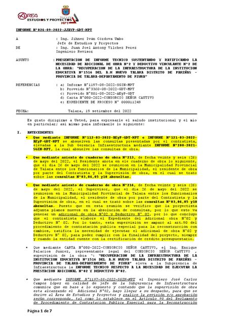 Informe N°024 09 2022 Aeyp Mpt Presentacion De Informe Tecnico De