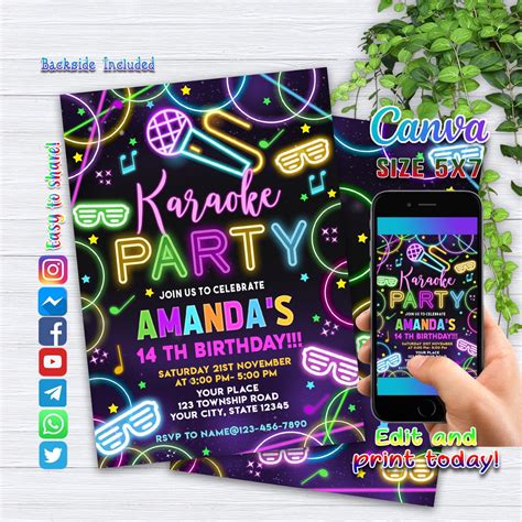 Editable Karaoke Birthday Party Invitation Karaoke Birthday Party Singing Music Birthday Party