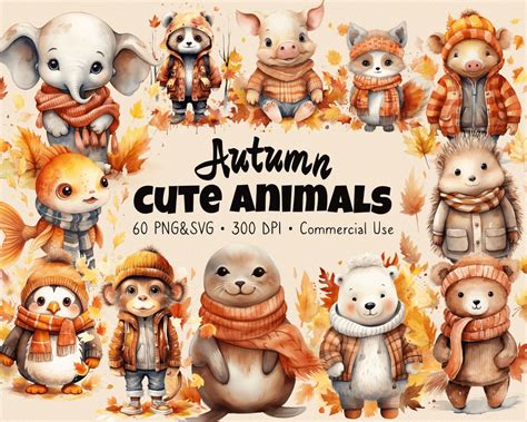 Autumn Cute Baby Animals Clipart, Watercolor Clipart, Fall Season, Scrapbook, Paper Craft, PNG ...