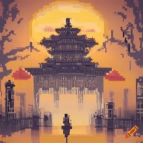 Pixel Art With Dithering In A Traditional Chinese Ink Painting Style On