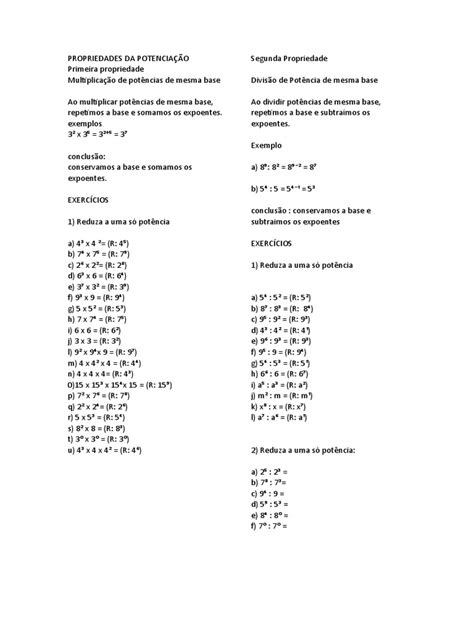 Propriedades da Potenciação e Exercícios | PDF | Exponenciação ...