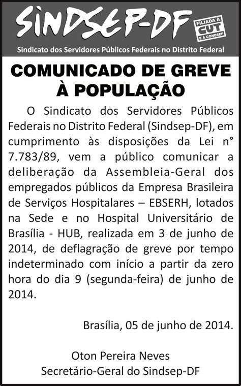 Ebserh Comunicado De Greve Popula O Sindsep Df