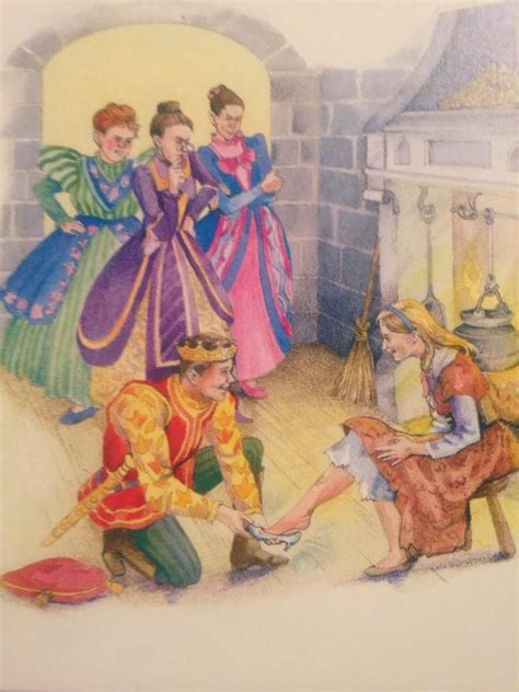 Cinderella Trying On Her Glass Slipper For Her Handsome Prince Fairytale Illustration