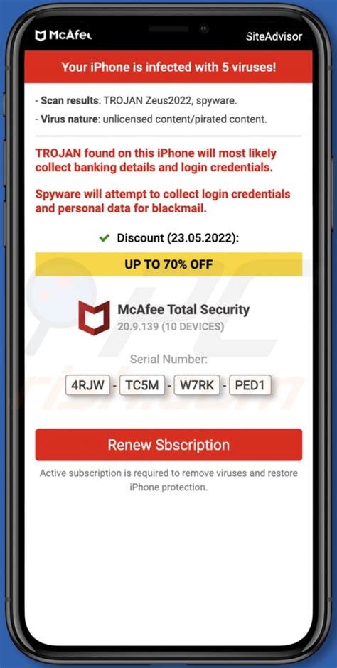 Oszustwo Pop Up Mcafee Your Iphone Is Infected With Viruses Mac