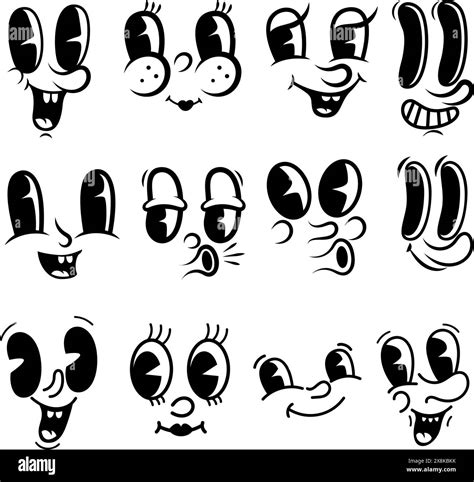 Set Of Cartoon Faces Funny Characters Old Style Animation Eyes Mouth