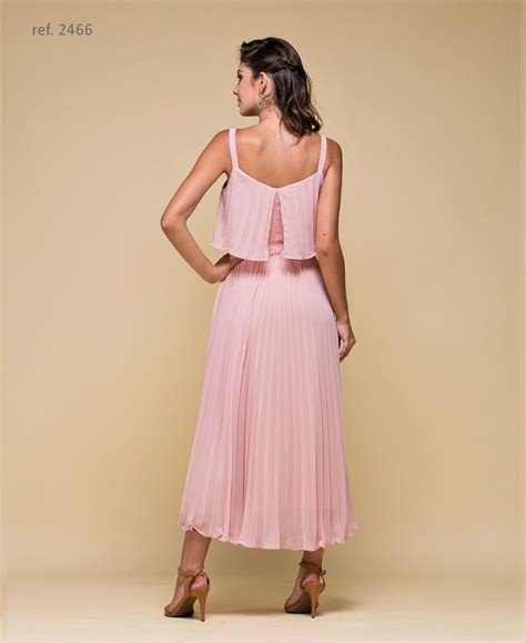 Vestido Midi De Chiffon Busto E Saia Plissados Ref