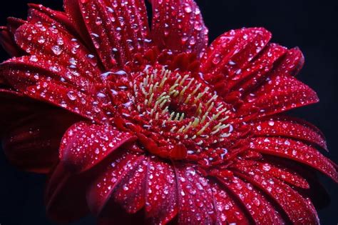 Hermosa flor de gerbera roja con gota de rocío margarita de transvaal