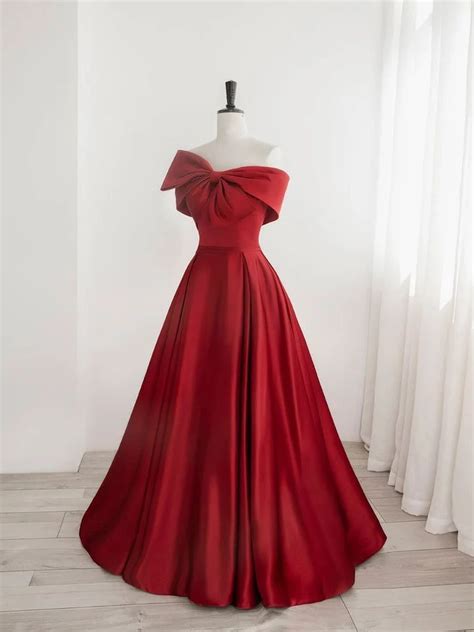 Red Satin One Shoulder Long Party Dress With Bow Red Off Shoulder Pro Dreamydressprom Party